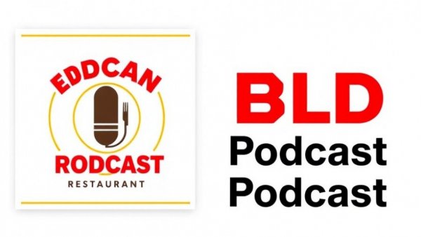 Podcast cover with restaurant theme, red and yellow design.
