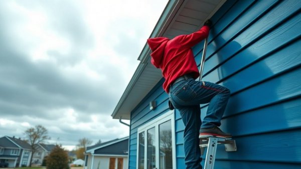 Man working on house siding, reflecting housing obstacle course challenges.