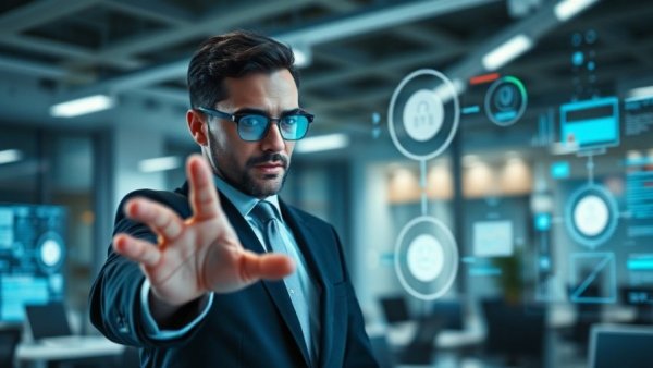 Overreliance on AI in the workspace depicted with digital overlays.