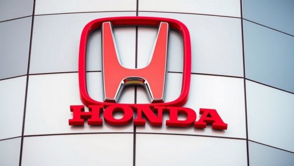 Honda's new US plant plans featured with a close-up of the red Honda logo on building facade.