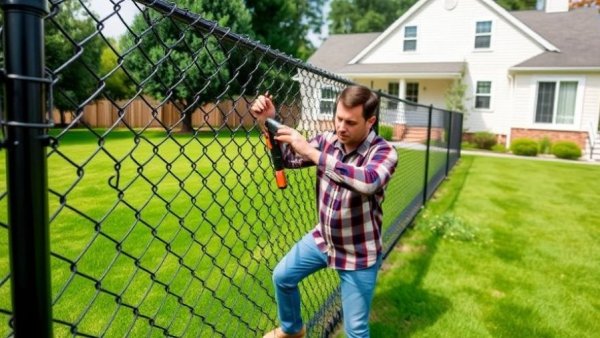 People installing a black chain link fence in a backyard.