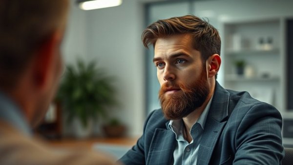 Bearded man engaged in daily business calls.