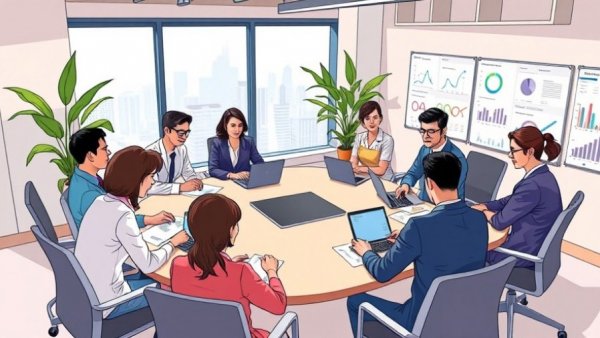 Professionals collaborate on ERP system integration in modern office.