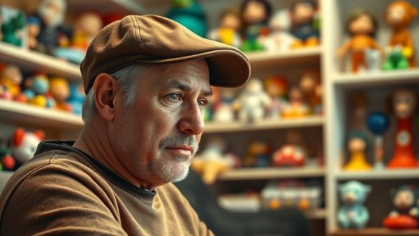 Reasons behind not posting on social media: thoughtful man in toy-filled room.