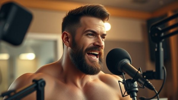 Confident man in podcast studio, beating 99% of people