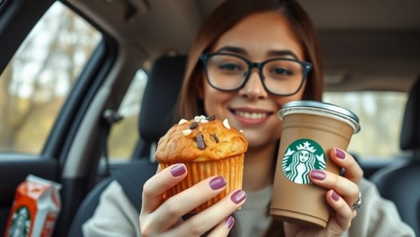 Woman showcasing Starbucks new fall menu items in a car.