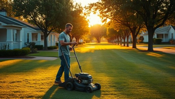 Therapeutic lawn mowing experience in a suburban neighborhood.