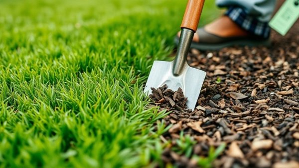 Perfect mulch edge for landscaping demonstration with garden tool.