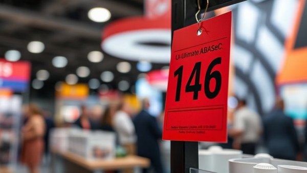 Close-up of UA Ultimate A046 display stand with price tag at trade show.