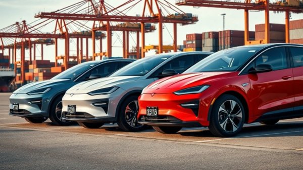 Modern electric vehicles in shipping yard next to cranes