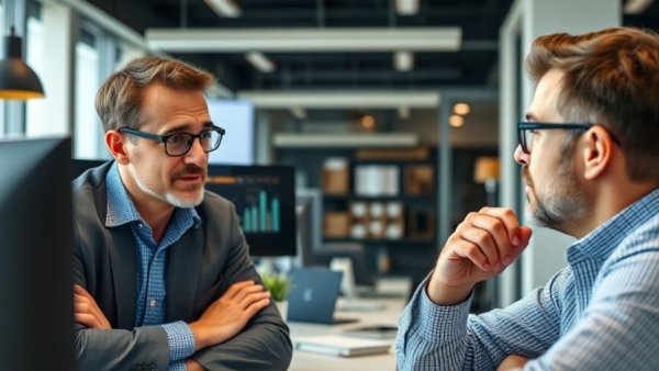 Two men in discussion during a video call about business strategies