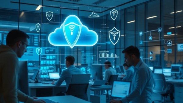 Futuristic office with AI cybersecurity solutions in action