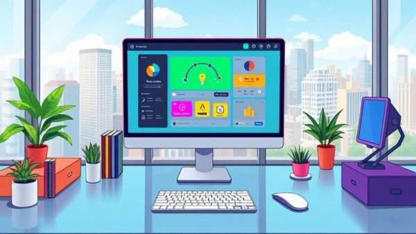 Colorful office desk with demo automation software on desktop.