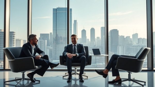 Businessmen discussing automotive partnerships and AI in office.