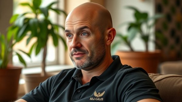Bald man discussing work in a relaxed setting, 5 jobs a day