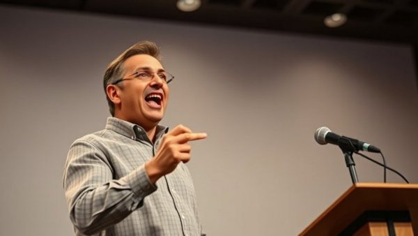 Energetic speaker emphasizing a point on stage, casual attire