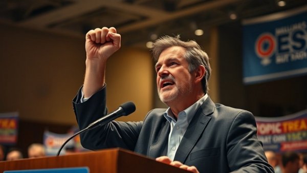 Automotive industry news: Speaker raises fist during pivotal conference.