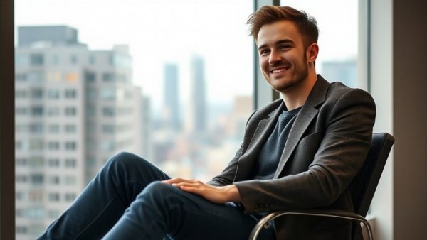 Casual man in office with a window view of the city, discussing Meevo IQ salon management technology.