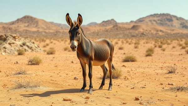 Desert donkey standing calmly in arid landscape.