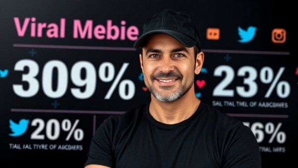 Confident man with social media icons and text on growth.