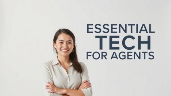 Confident woman with text 'Essential Tech for Agents', No Stress Tech Stack for Real Estate Agents concept, clean background.