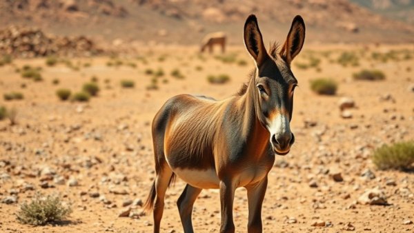 A lone donkey in a dry desert landscape under bright sunlight.