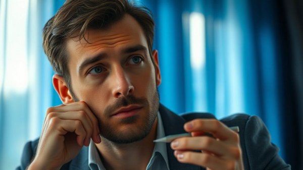 Thoughtful man holding pen, indoor setting.