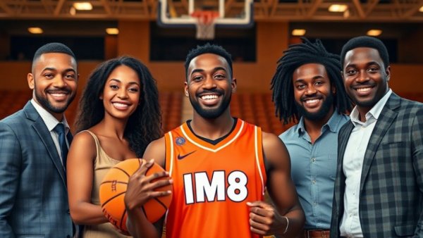 IM8 NBA partnership announcement with diverse group holding IM8 jersey and basketball.