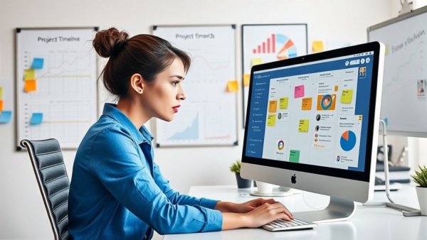 Woman utilizing Trello for effective resource management in an office.