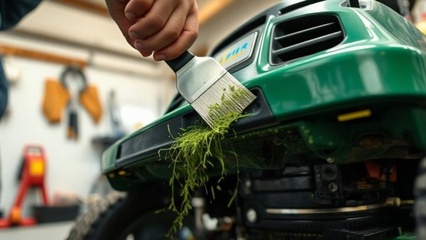 Scrape a Commercial Mower Deck: Person cleaning grass residue.
