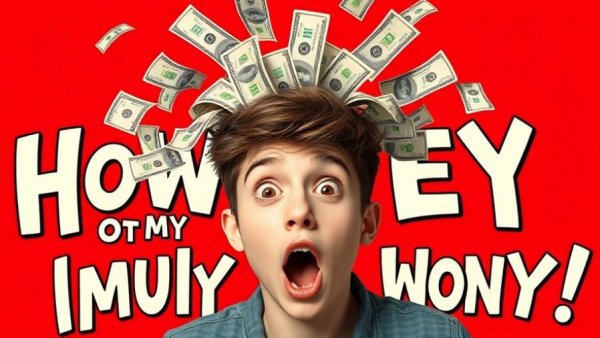 Cartoon style young man with cash from head, bright red backdrop
