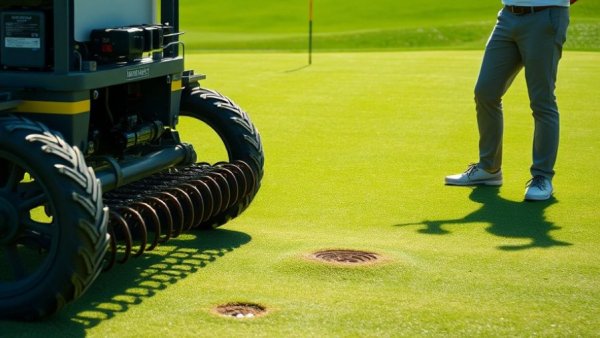 Man demonstrating golf course aeration with an aeration machine.