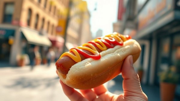Hot dog with mustard and ketchup; hot dogs bacon meat recall focus.