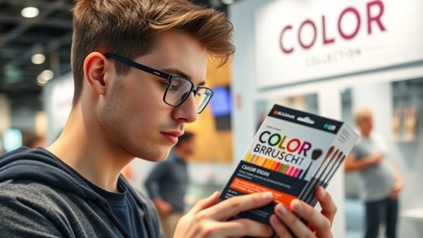 Salon owner examining a Color Brush Collection at an exhibition.