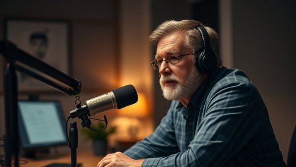 Podcast host discusses spending habits in dim studio, vibrant setup.