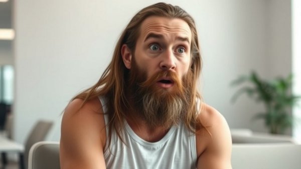 Bearded man in tank top seated indoors, surprised expression. I Don't Like Selling.