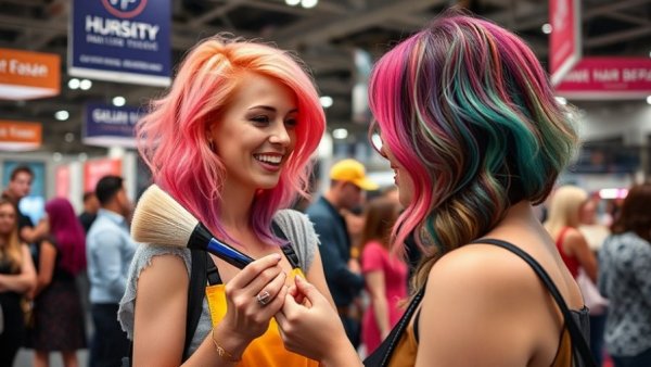 Hair stylist at expo showcasing color brush for hair