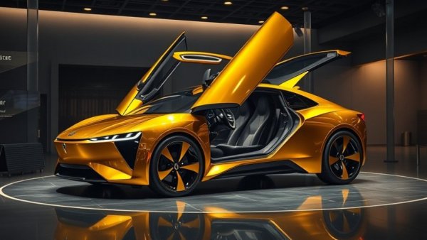 Futuristic Tesla car with open doors at an exhibition hall.