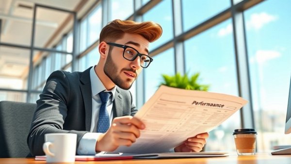 Man in office reviewing performance review documents on computer.