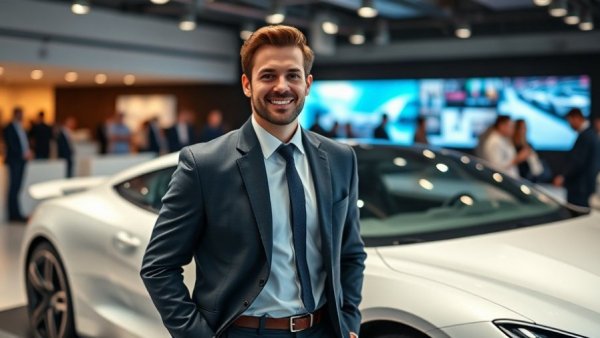 Polestar CEO confidently beside car in showroom event.