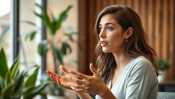 Young woman discussing tech indoors.