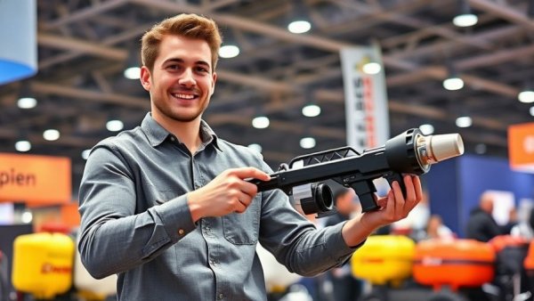 Man demonstrating John Deere all-weather landscaping equipment indoors
