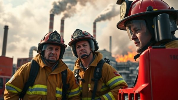 Firefighters battling blaze at Quaker Oats plant, dramatic skies, emergency vehicles.