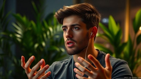 Focused man discussing buying businesses, indoor setting with green background.