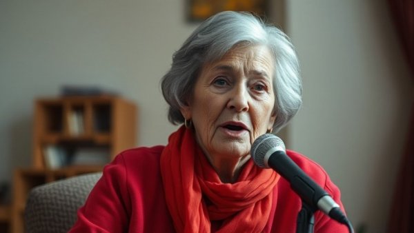 How old is old? Elderly woman speaking with microphone indoors.