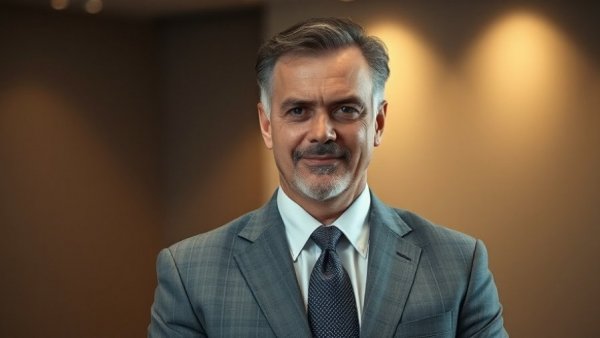 Man in a gray suit standing confidently, formal setting