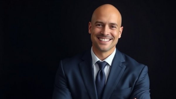 Confident bald man in navy suit posing, related to insights on used cars.