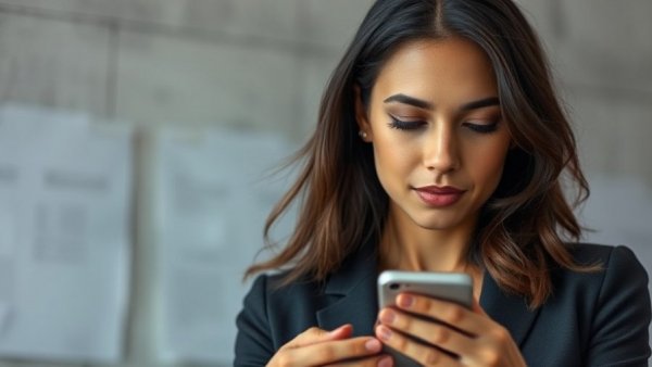 Reconnect with past real estate clients, professional woman using smartphone.