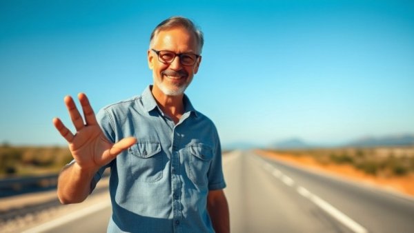 Man in front of yellow car on Route 66 in sunshine