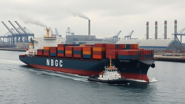 China's rise in the automotive industry illustrated by a cargo ship transporting vehicles in an industrial port.